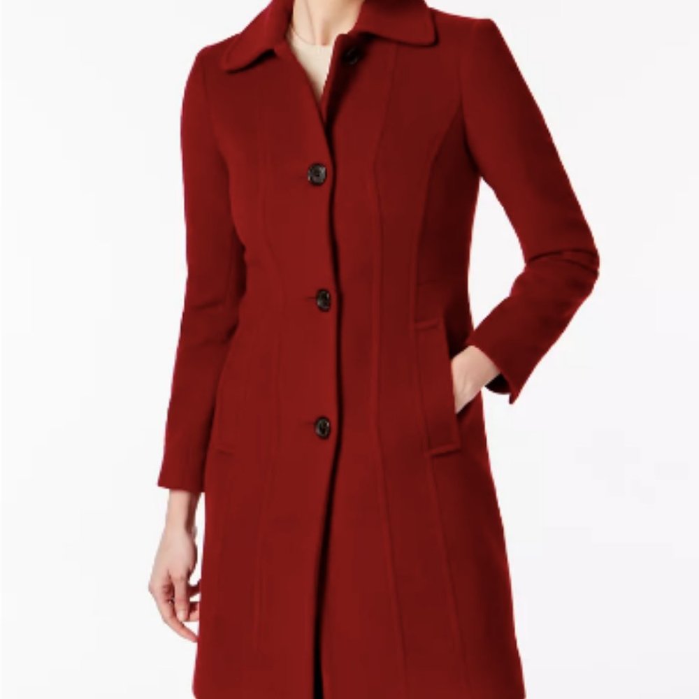 Anne Klein Seamed Walker Coat, Red Wool, Size 10